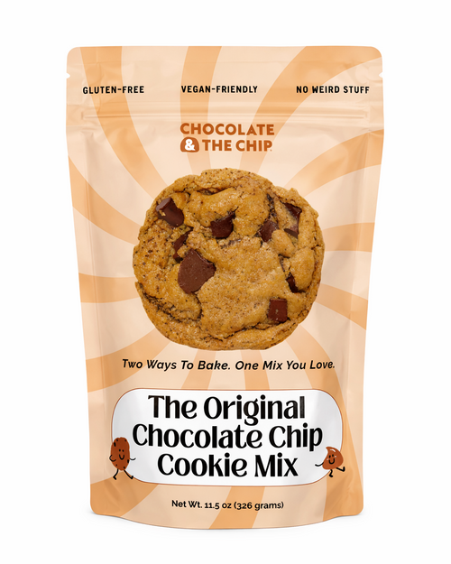 Package of Chocolate Chip cookie mix with a cookie image on a white background