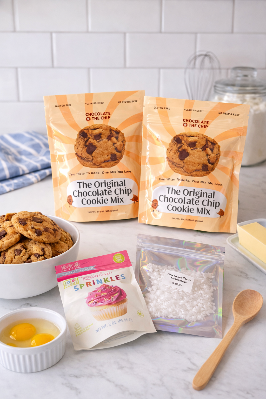 Two packages of chocolate chip cookie mix on a kitchen counter with ingredients and a bowl of cookies.