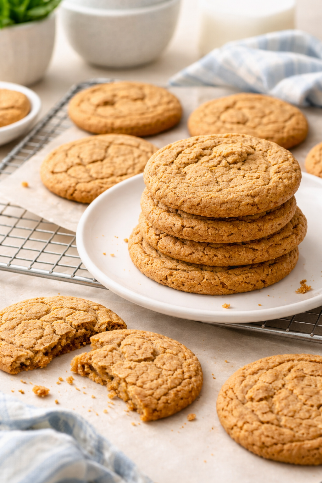 Stack of gluten free vegan sugar cookies on a white plate with more cookies around on a light surface.
