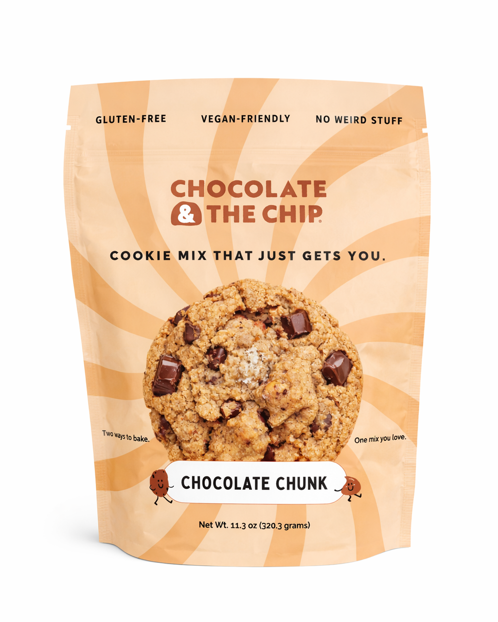 Package of chocolate chip cookie mix with branding and product details on a white background