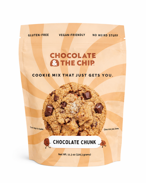 Package of chocolate chip cookie mix with branding and product details on a white background