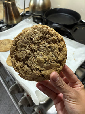 A freshly baked chocolate chip cookie being held by hand.