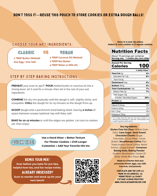 Baking instructions and nutrition facts for a cookie mix on an orange background